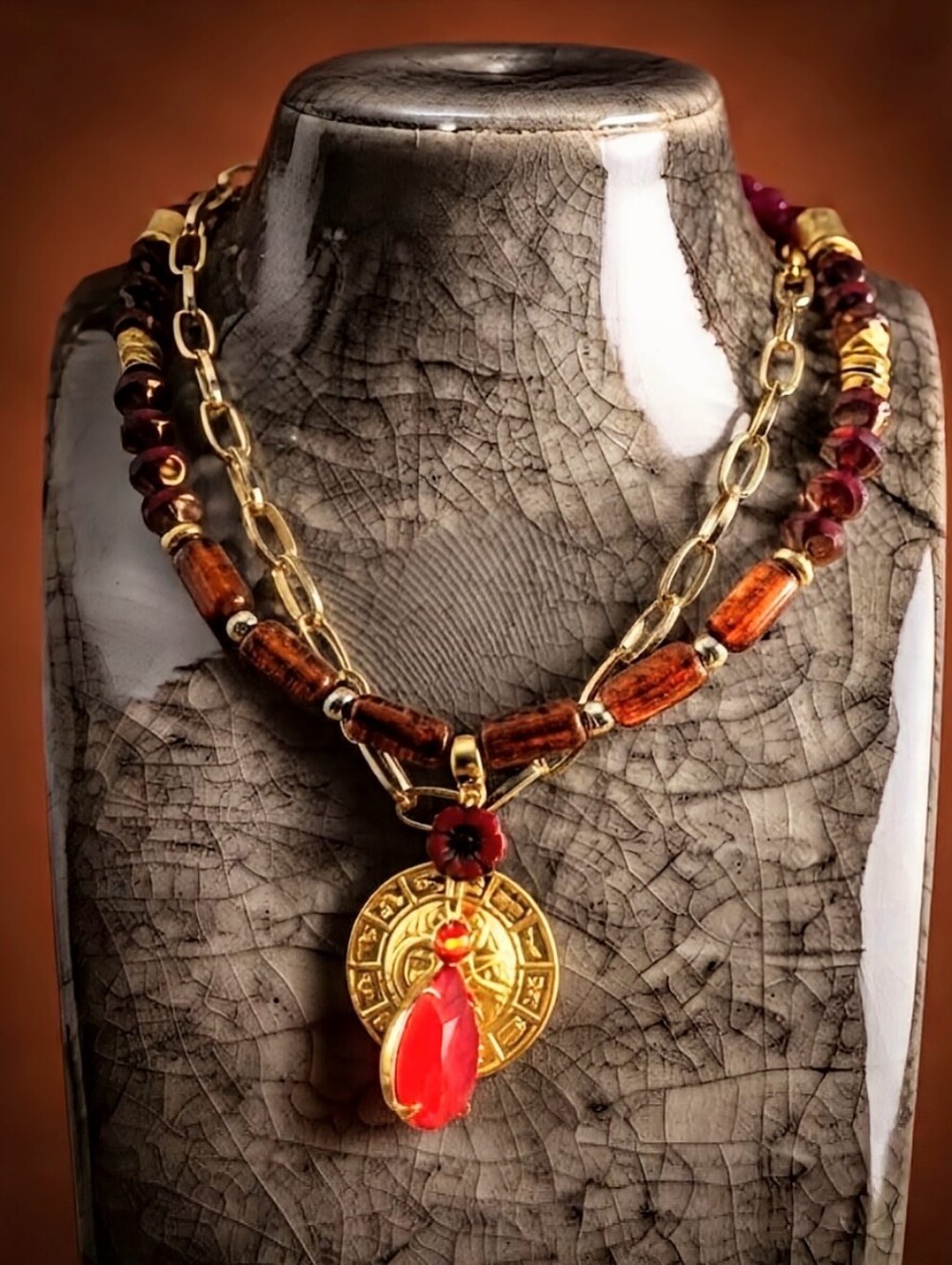 Red Jade, Crystal, And Glass Beads In Two Strand Gold Plated Paperclip Necklace